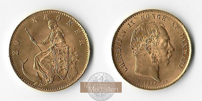 Dänemark MM-Frankfurt Feingold: 8,06g 20 Kronen 1877 