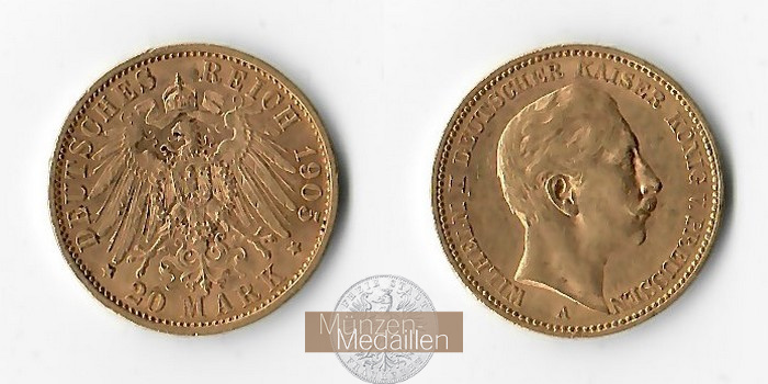 Preussen, Kaiserreich 20 Mark MM-Frankfurt Feingold: 7,17g Wilhelm II. 1888-1918 1905 A 