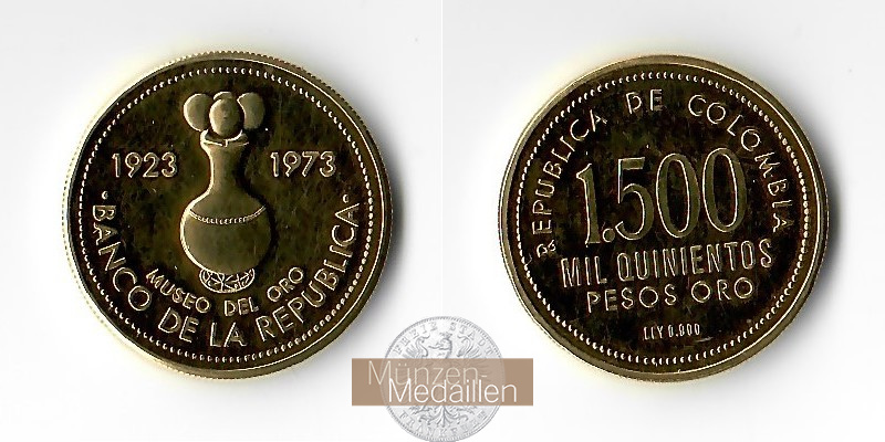 Kolumbien  1500 Pesos MM-Frankfurt   Feingold: 17,19g Goldmuseum Bank der Republik 1973 