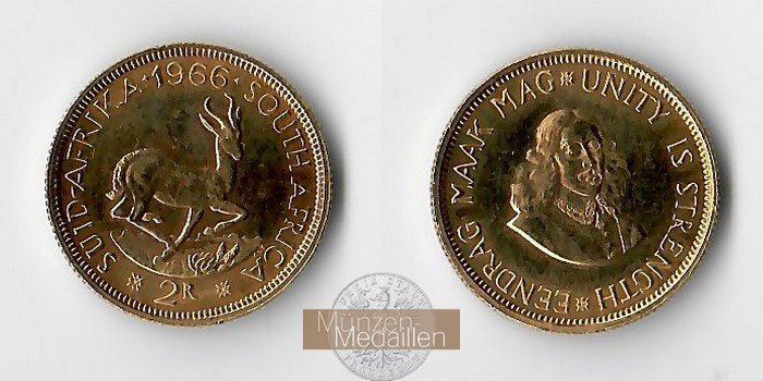 Süd Afrika  2 Rand MM-Frankfurt Feingold: 7,32g Springbock 1966 