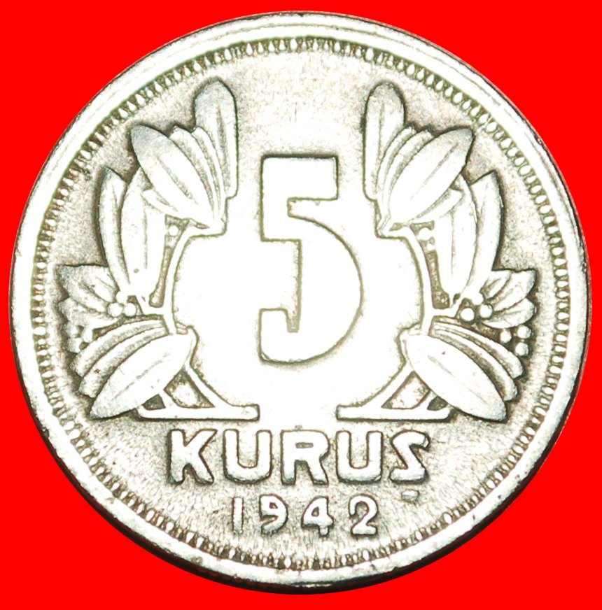  * ERROR CRESCENT AND STAR (1935-1943): TURKEY ★ 5 KURUSH 1942! WARTIME (1939 LOW START ★ NO RESERVE!   