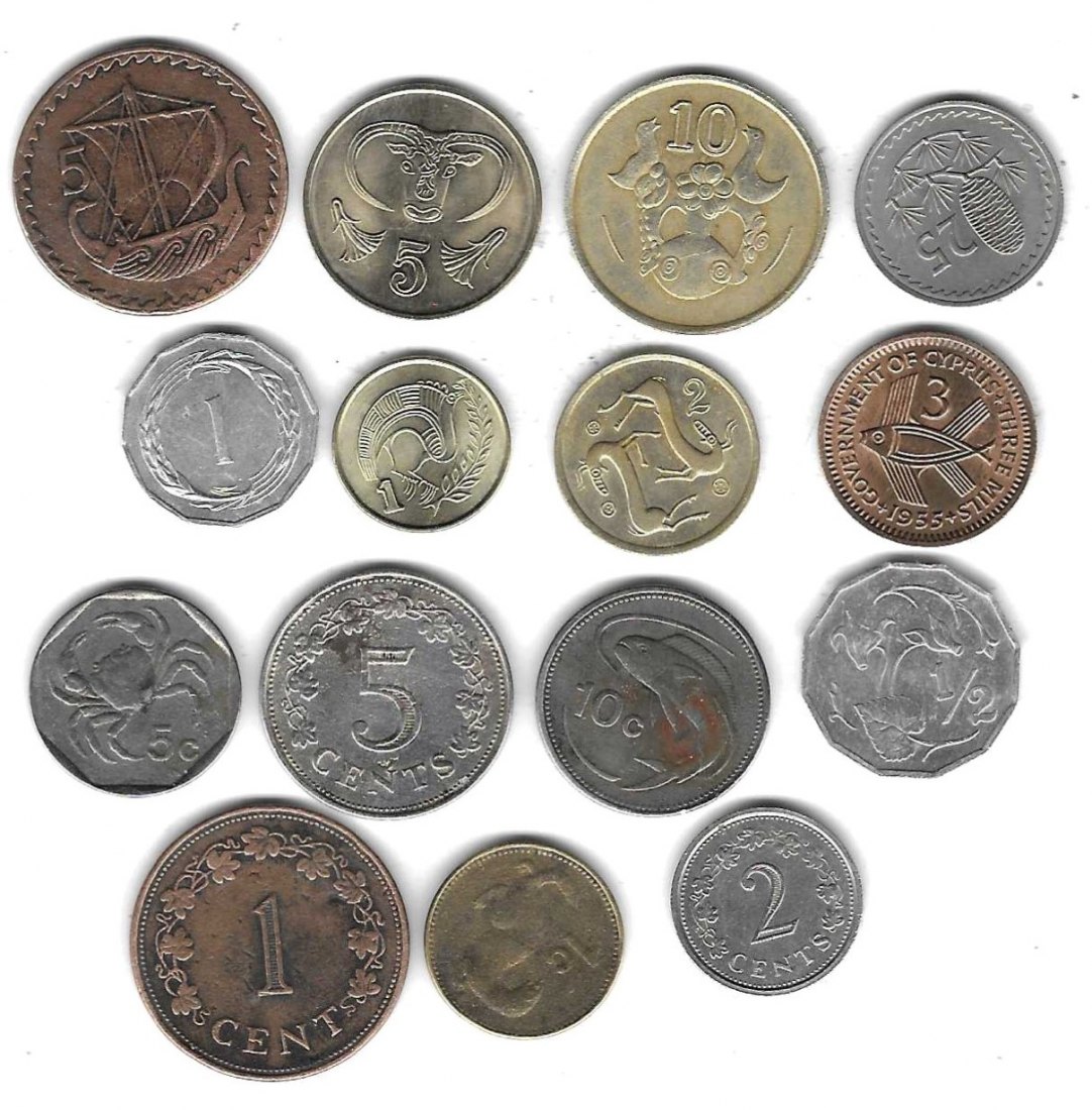  Zypern/Malta Lot mit 15 Münzen, Zypern 9, Malta 6 Münzen, SS-Stempelgl., Einzelaufst. und Scan unte   