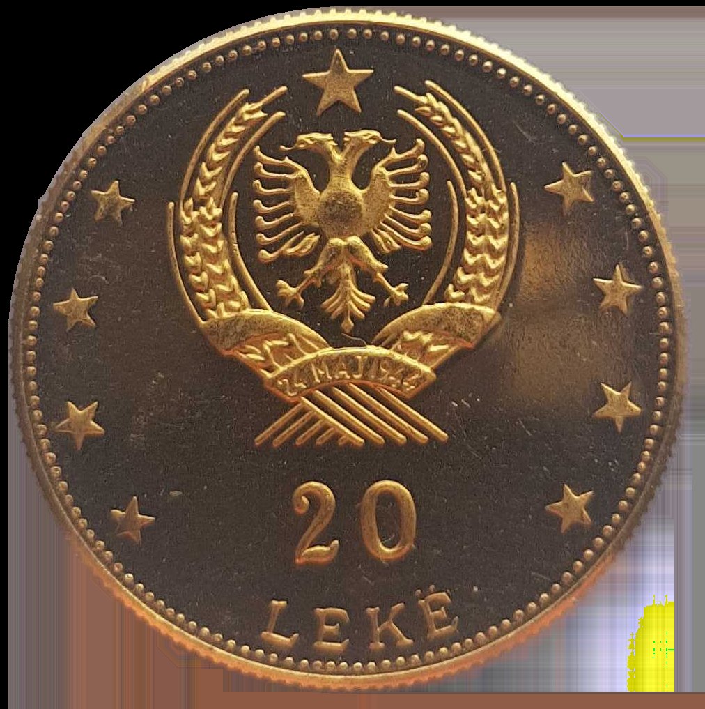  ALBANIEN – 20 LEKE 1968 Gold – Skanderbegs Helm – UNC   