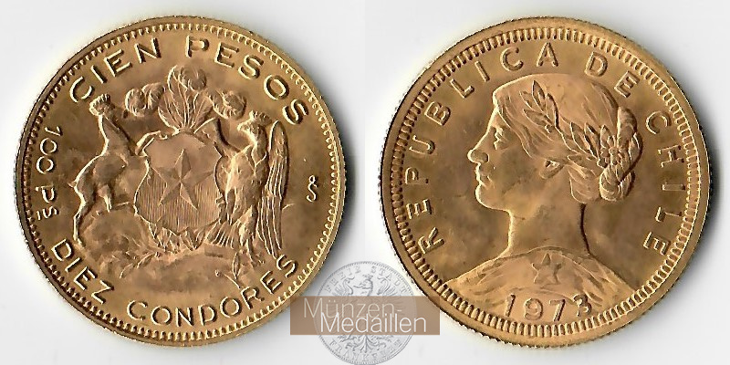 Chile MM-Frankfurt  Feingold: 18,30g 100 Pesos 1973 