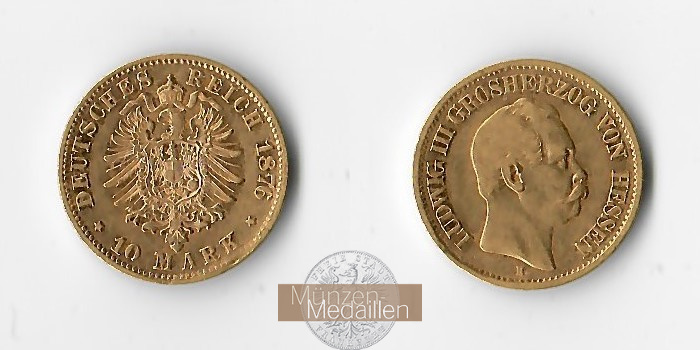 Hessen, Kaiserreich  10 Mark MM-Frankfurt   Feingold: 3,59g Ludwig III. 1876 H 