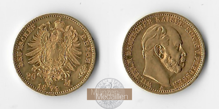 Preussen, Kaiserreich   20 Mark MM-Frankfurt Feingold: 7,17g Wilhelm I. 1861-1988 1872 A 