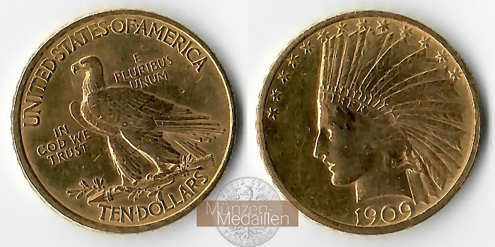 USA  10 Dollars MM-Frankfurt Feingold: 15,05g Indianerkopf 1909 