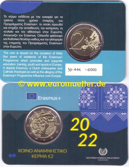 Zypern 2 Euro Gedenkmünze 2022...Erasmus...bu.   