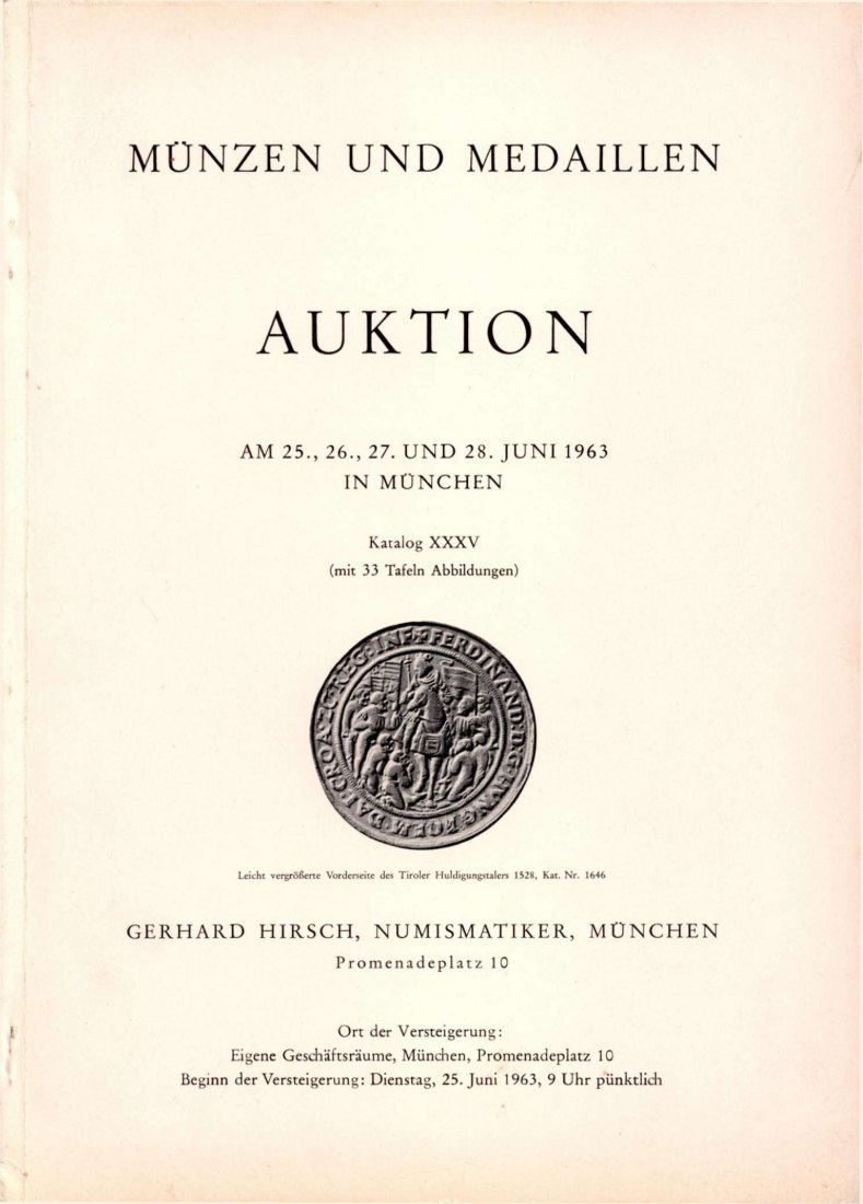  Hirsch (München) Auktion 35 (1963) Münzen & Medaillen vieler Länder & Zeiten ua Eisenbahn Medaillen   