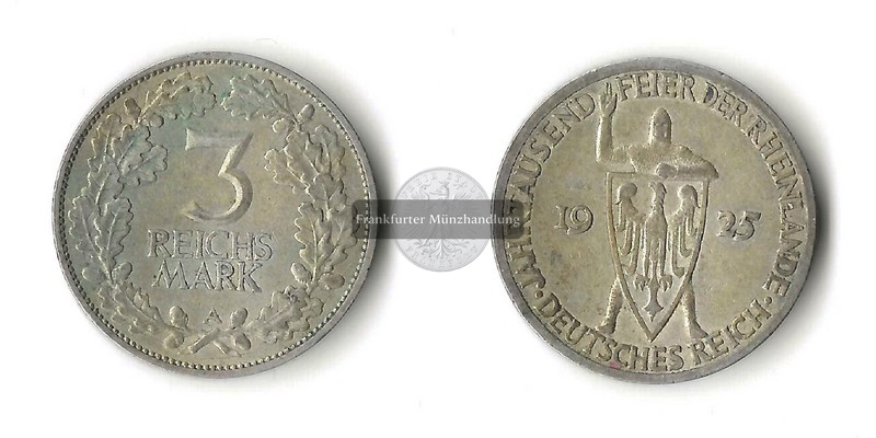  Deutschland, Weimarer Republik 3 Reichsmark  1925 A  FM-Frankfurt  Feingewicht: 7,5g   