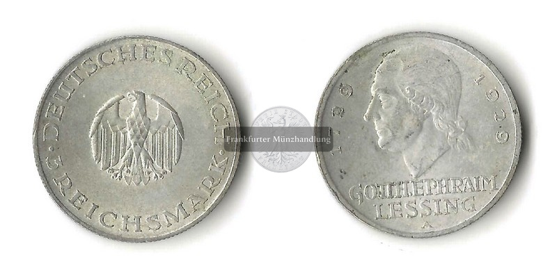  Deutsches Reich, Weimarer Republik 3 Reichsmark  1929 A  Lessing  FM-Frankfurt Feinsilber: 7,5g   