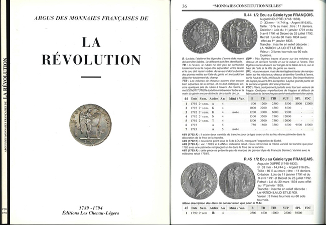  D. Diot / M. Prieur / L. Scmitt; Argus des Monnaies Francaises de La REVOLUTION; 1789-1794   