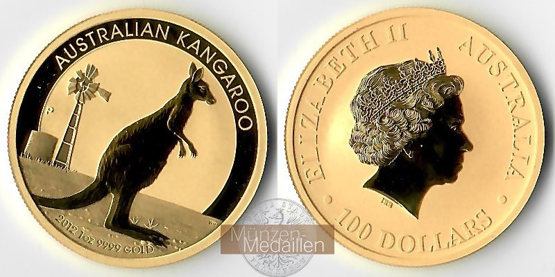 Australien  100 Dollar MM-Frankfurt Feingold: 31,1g Kangaroo 2012 