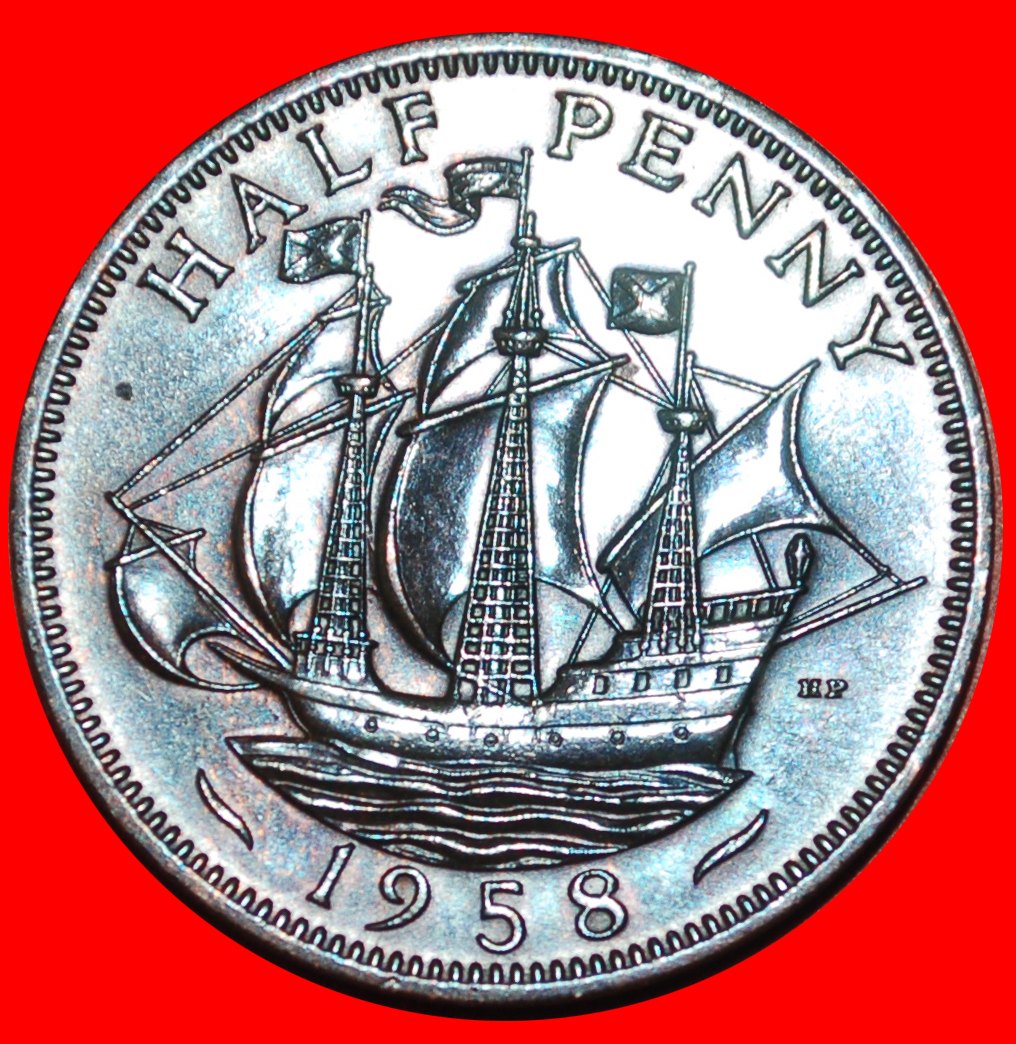 * SHIP (1954-1970): UNITED KINGDOM★ HALF PENNY 1958 UNCOMMON! GREAT BRITAIN!★LOW START ★ NO RESERVE!