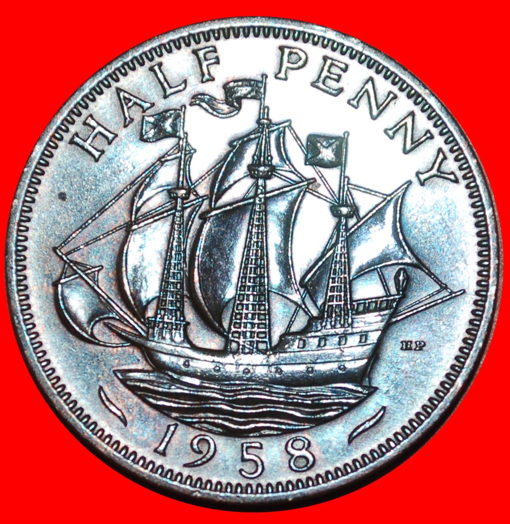  * SCHIFF (1954-1970): GROSSBRITANNIEN ★ HALBER PENNY 1958 UNGEWÖHNLICH!  OHNE VORBEHALT!   