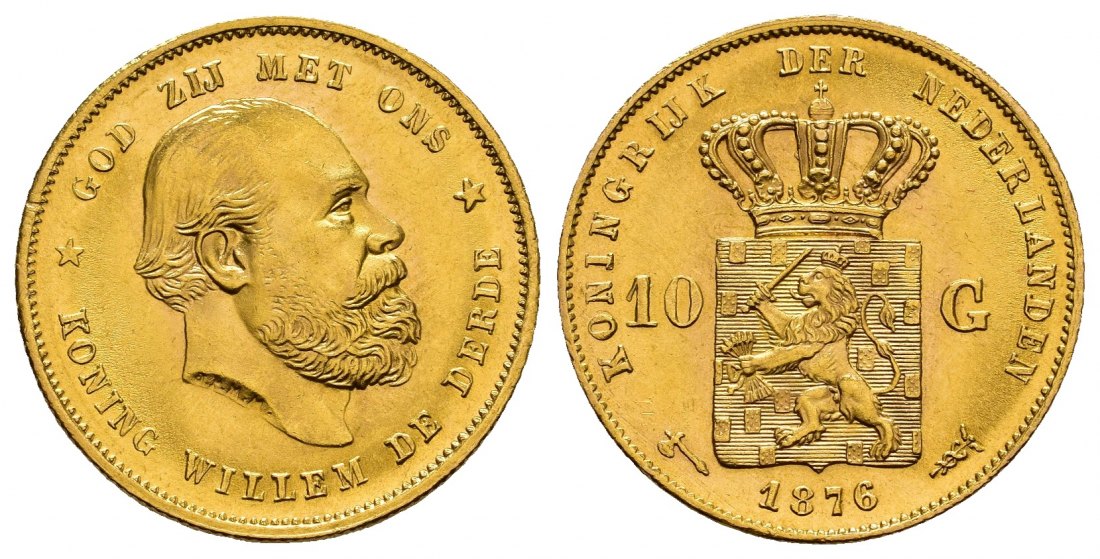 PEUS 8039 Niederlande 6,06 g Feingold. Wilhelm III. (1849 - 1890) 10 Gulden GOLD 1876 Utrecht Kl. Kratzer, Vorzüglich