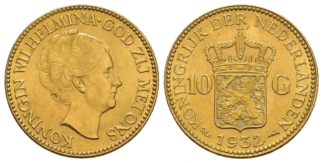 PEUS 8040 Niederlande 6,06 g Feingold. Wilhelmina (1890 - 1948) 10 Gulden GOLD 1932 Kl. Kratzer, Vorzüglich