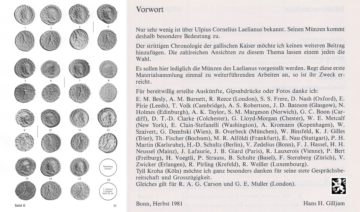  Gilljam - Antoniniani und Aurei des Ulpius Cornelius Laelianus - Gegenkaisers des Postumus (1982)   