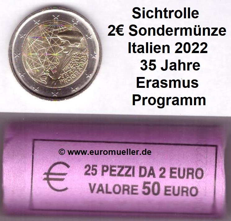 Italien Rolle...2 Euro Gedenkmünze 2022...Erasmus   