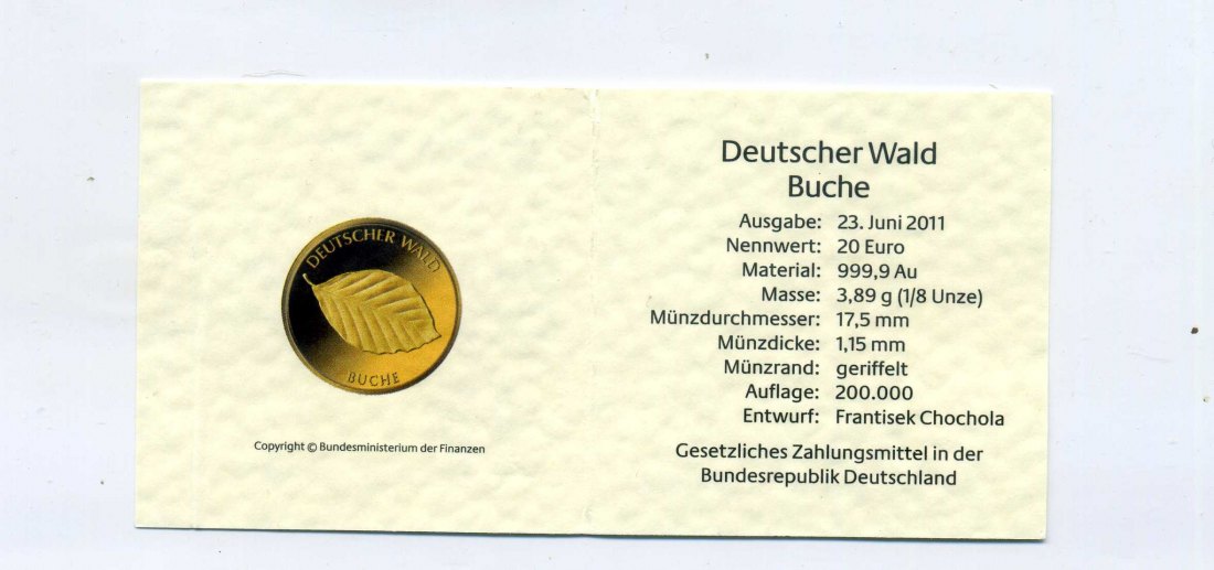  Zertifikat Original für 20 Euro Goldmünze 2011 Buche nur Zertifikat   