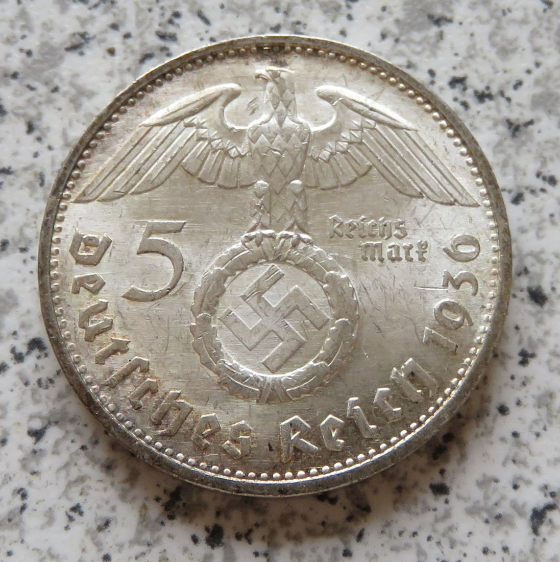  Drittes Reich 5 Reichsmark 1936 E, mHK, bessere Erhaltung   