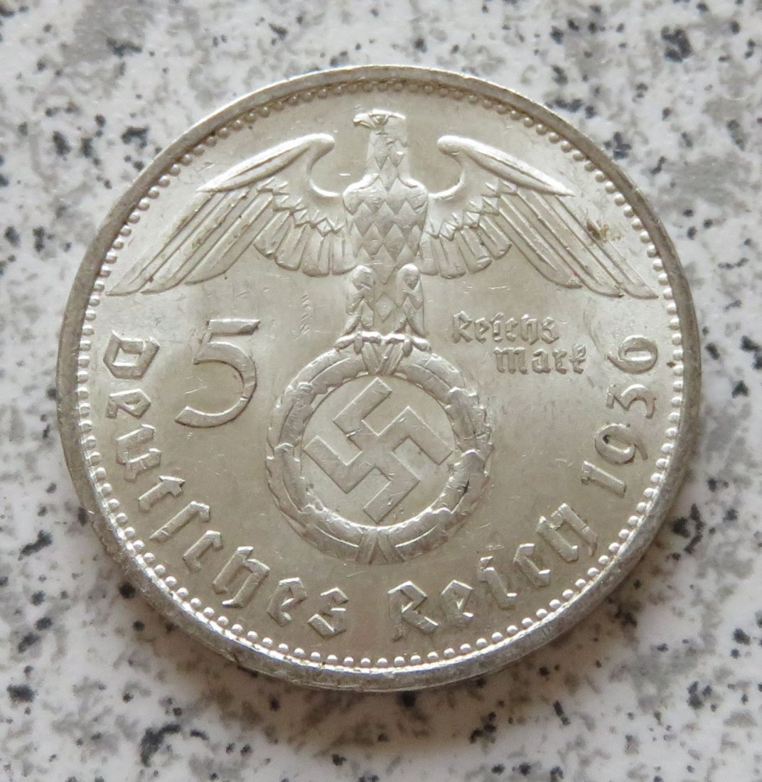  Drittes Reich 5 Reichsmark 1936 E, mHK, etwas bessere Erhaltung   