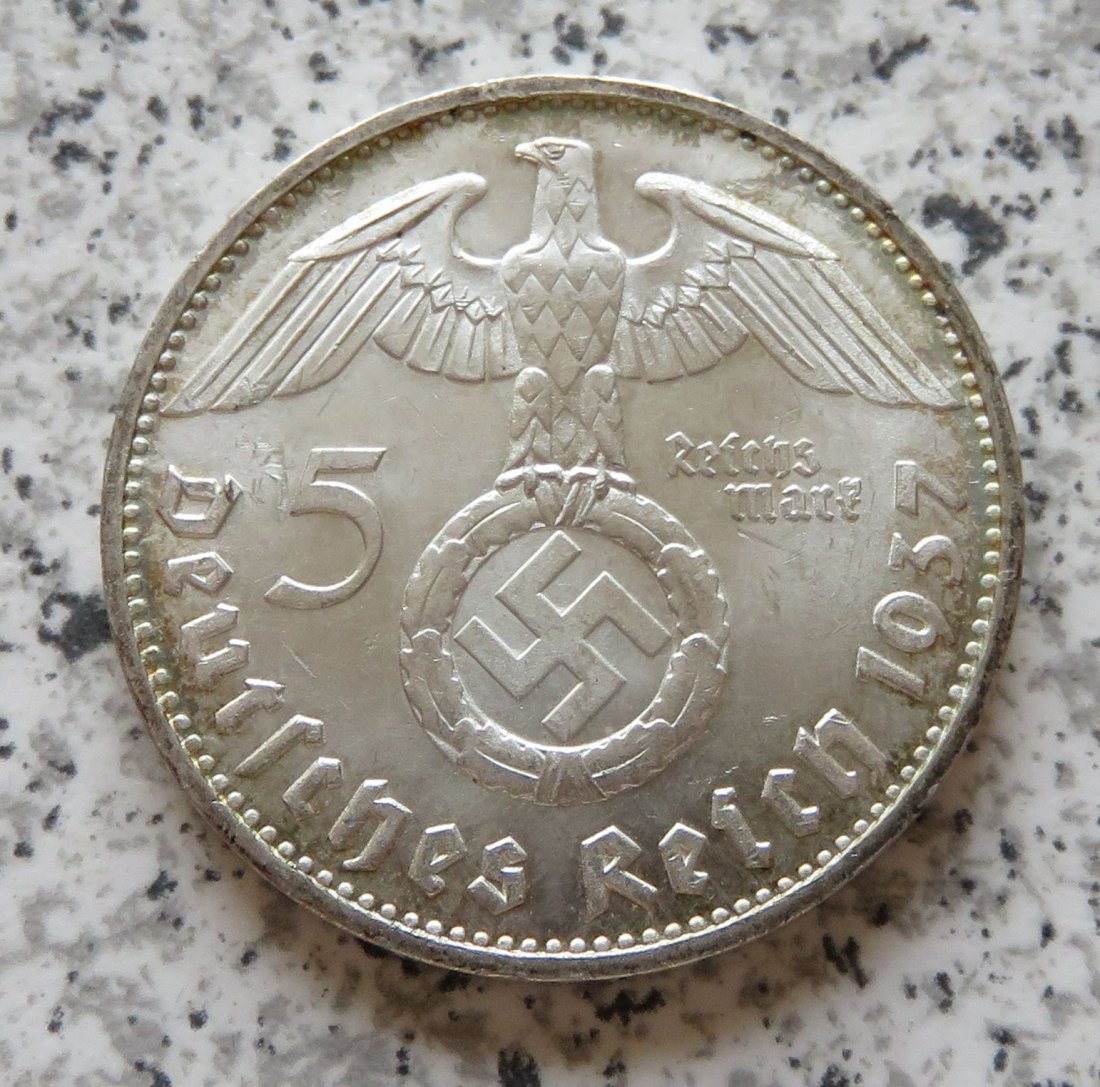  Drittes Reich 5 Reichsmark 1937 D, mHK, Erhaltung!   