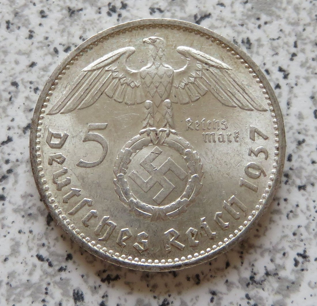  Drittes Reich 5 Reichsmark 1937 D, mHK, bessere Erhaltung   