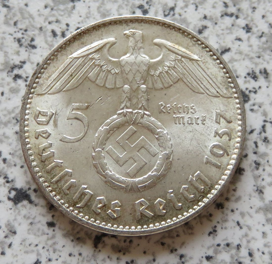  Drittes Reich 5 Reichsmark 1937 J, mHK, bessere Erhaltung   