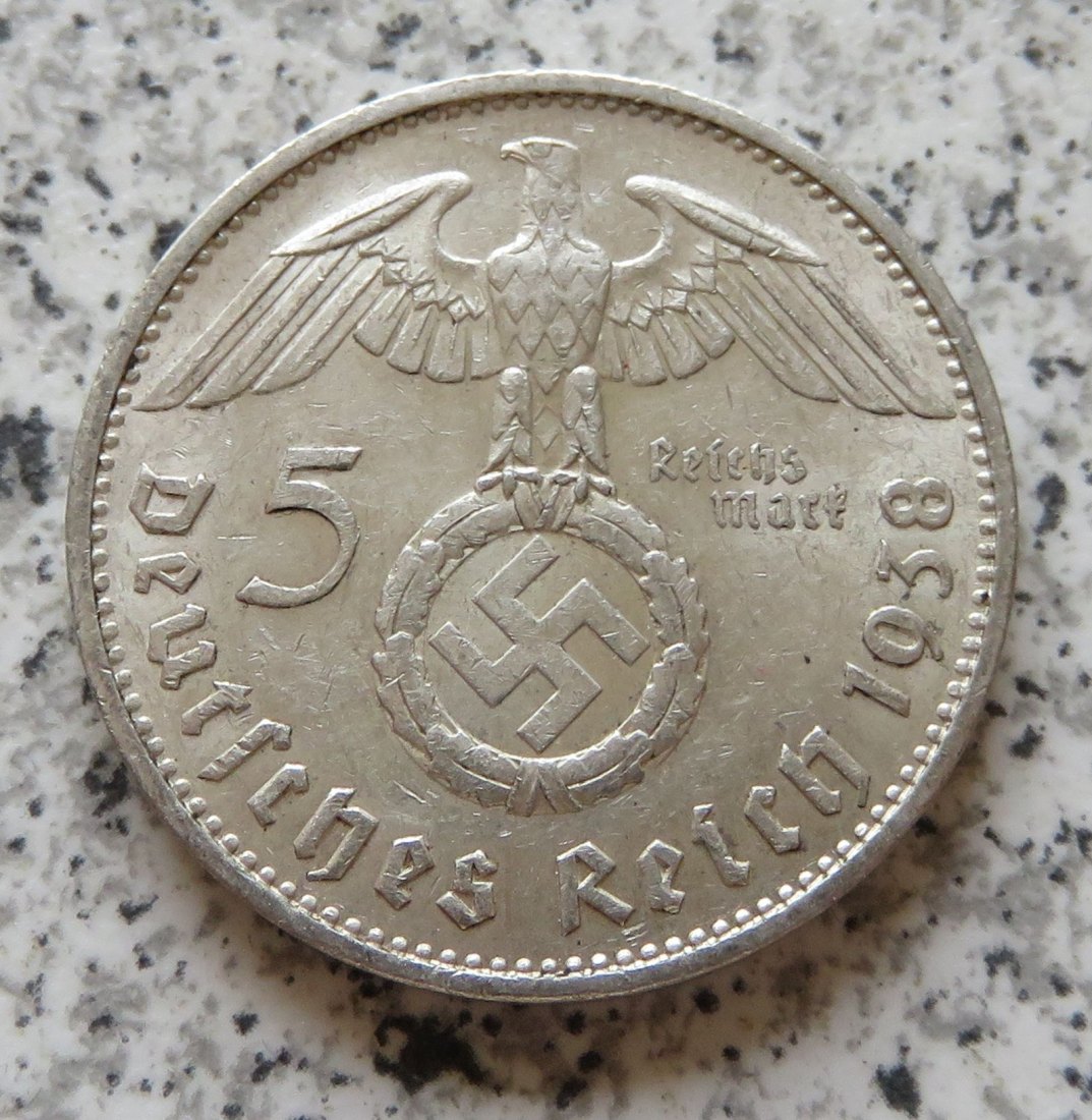  Drittes Reich 5 Reichsmark 1938 E, mHK, bessere Erhaltung   