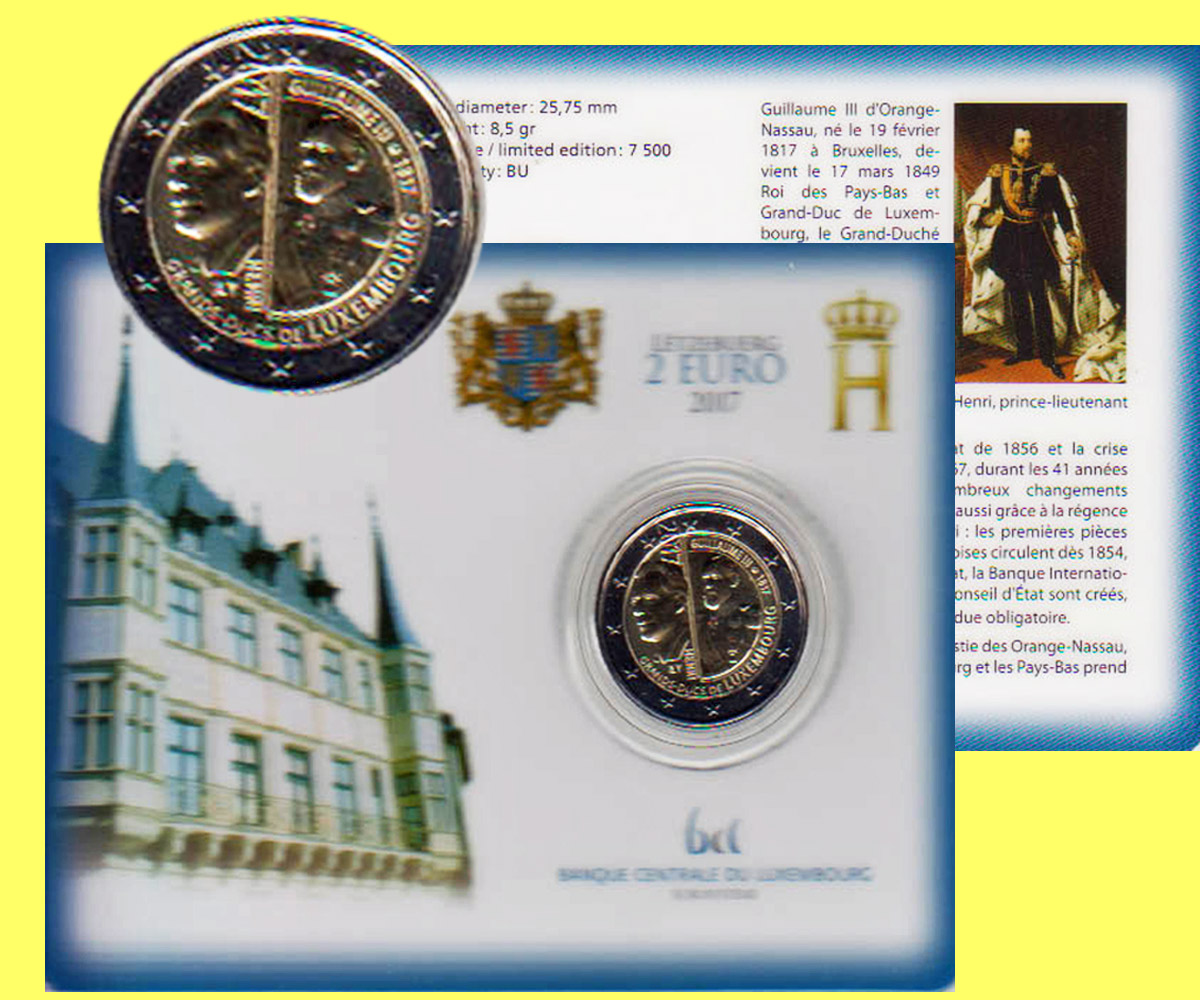  Offiz. Coincard 2 €-Sondermünze Luxemburg *Grossherzog Wilhelm III.* 2017 nur 7.500St!   