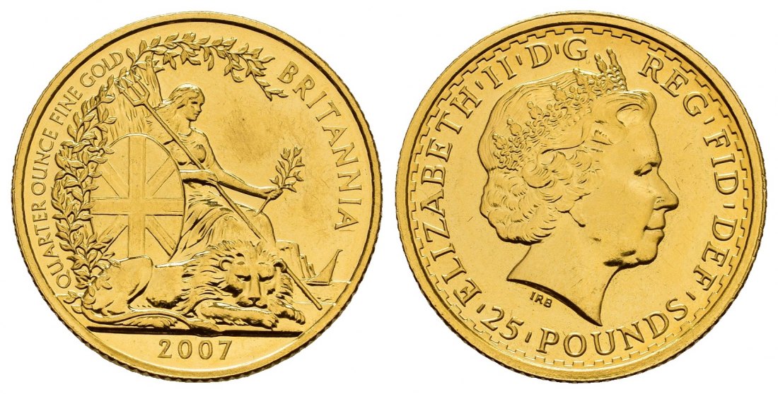 PEUS 8155 Grossbritannien 7,78 g Feingold. Britannia 25 Pounds GOLD 1/4 Unze 2007 Kl. Kratzer, Vorzüglich