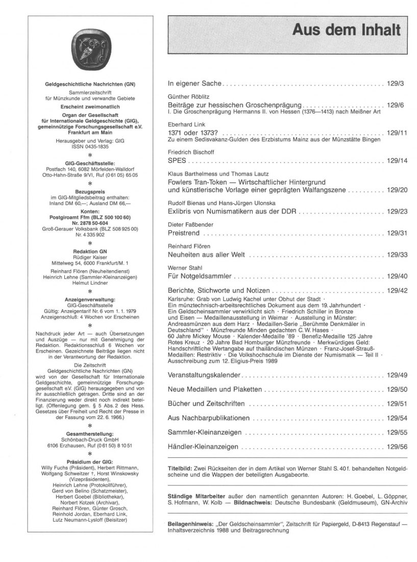  (GIG) Geldgeschichtliche Nachrichten Nr 129/1989 Beiträge zur hessischen Groschenprägung: Teil I.   