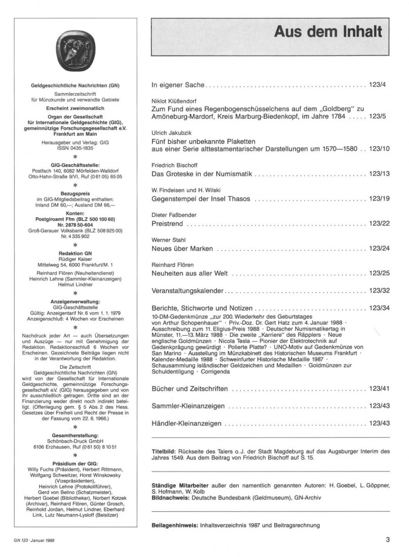  (GIG) Geldgeschichtliche Nachrichten Nr 123/1988 Fund eines Regenbogenschüsselchen Amöneburg-Mardorf   
