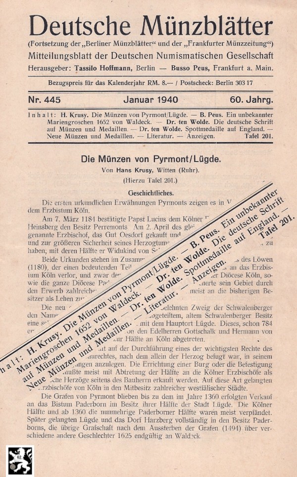  Krusy - Die Münzen von Pyrmont / Lügde (Deutsche Münzblätter Nr. Heft 445)   