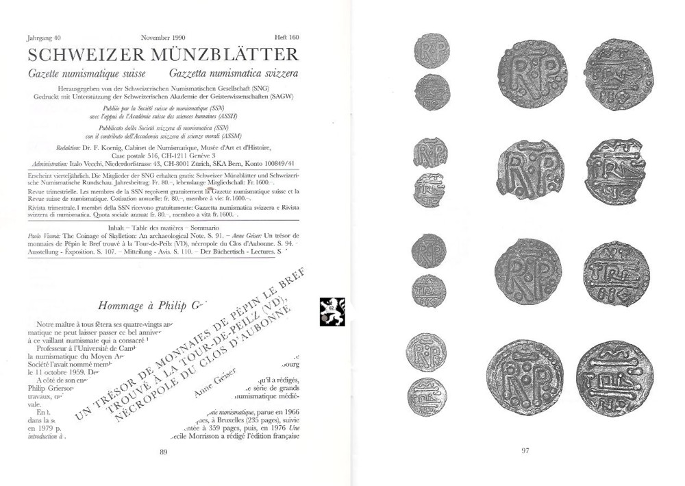  Schweizer Münzblätter Nr. 160 (1990) ua. Ein Schatz aus der Karolingerzeit Münzen der Zeit 741-768   