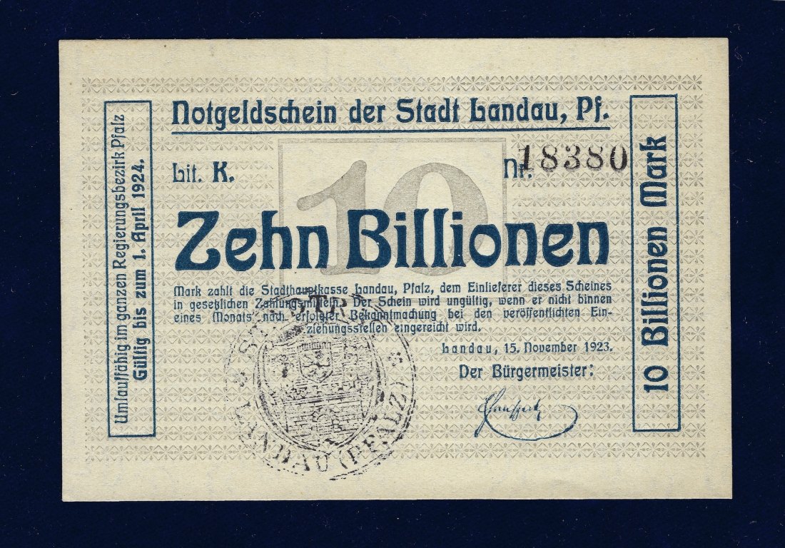  10 Billionen Mark 1923 Landau in der Pfalz Notgeldschein   