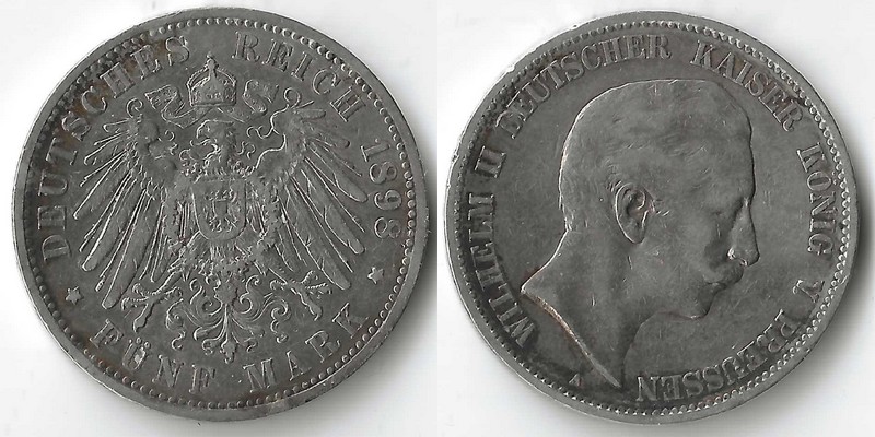  Preussen, Kaiserreich  5 Mark  1898 A  Wilhelm II.    FM-Frankfurt Feinsilber: 25g   