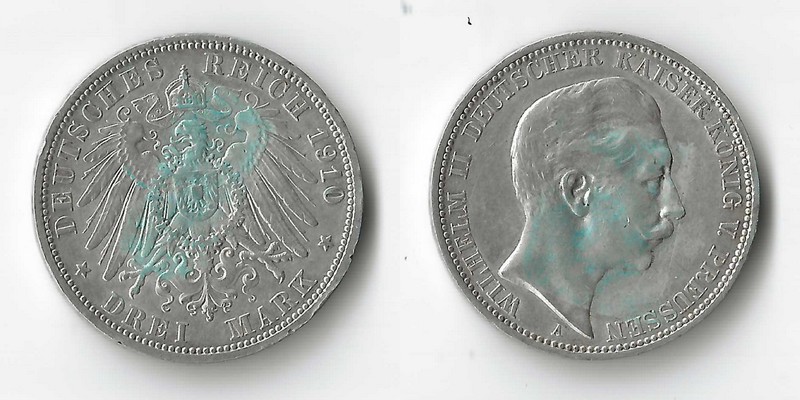  Preussen, Kaiserreich  3 Mark  1910 A  Wilhelm II. 1888-1918    FM-Frankfurt   Feinsilber: 15g   