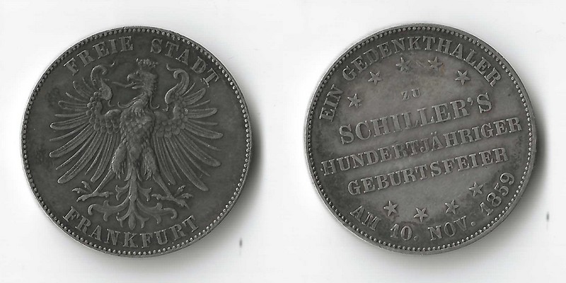  Frankfurt, Gedenkthaler 100-jähriger Geburtstag Schillers 1859  FM-Frankfurt  Feinsilber: 16,67g   