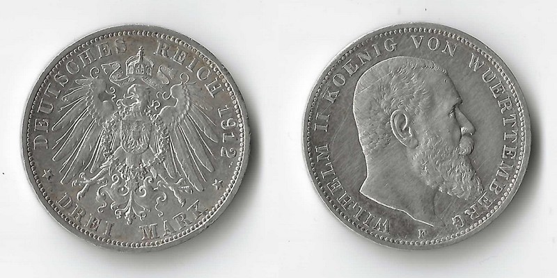  Württemberg, Kaiserreich  3 Mark  1912 F   Wilhelm II.   FM-Frankfurt   Feinsilber: 15g   