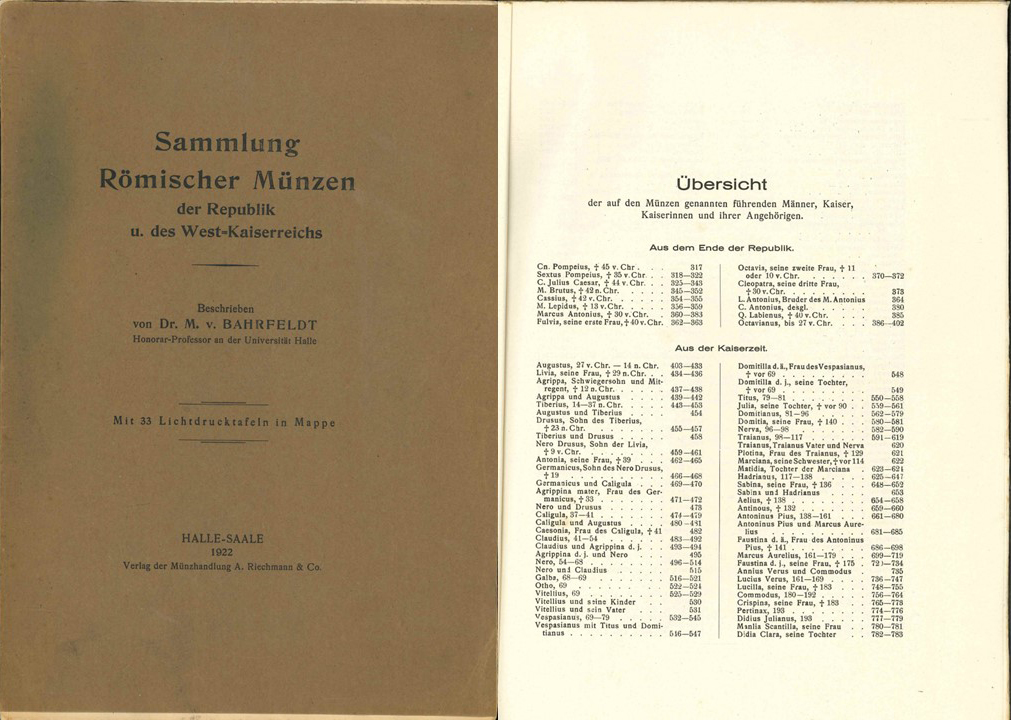  Dr.M.v.Bahrfeld; Sammlung römischer Münzen der Republik u.des West-Kaiserreichs; A.Riechmann 1922   