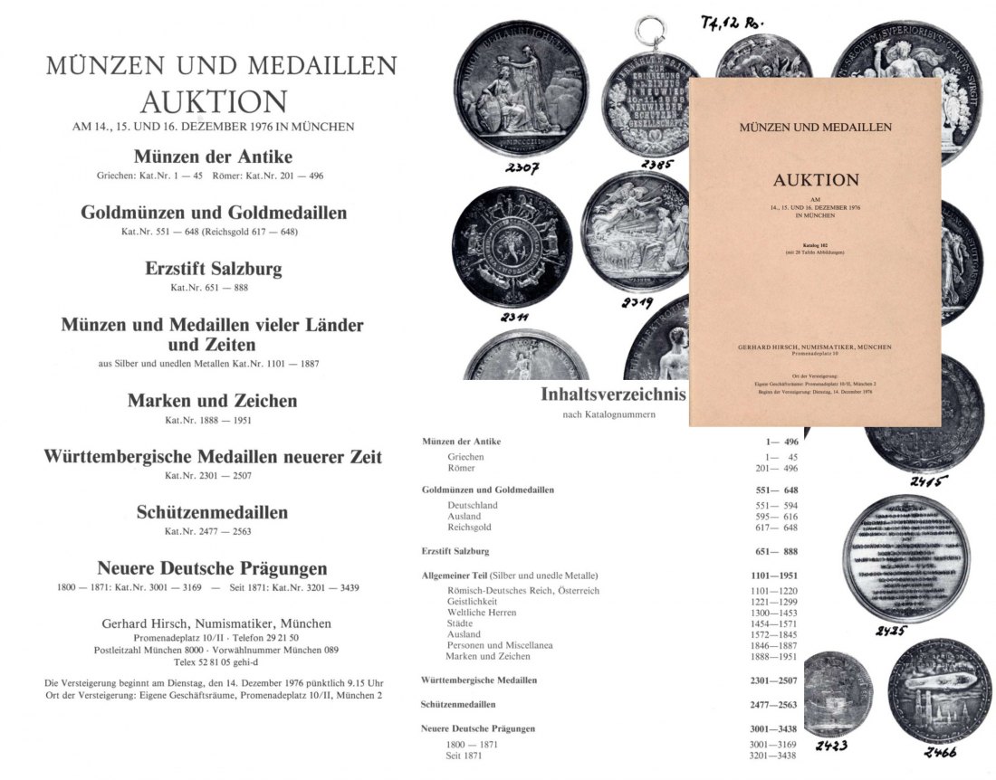  Hirsch (München) Auktion 102 (1976) Sammlung von Salzburg ,Württembergische Medaillen & Schützen ...   