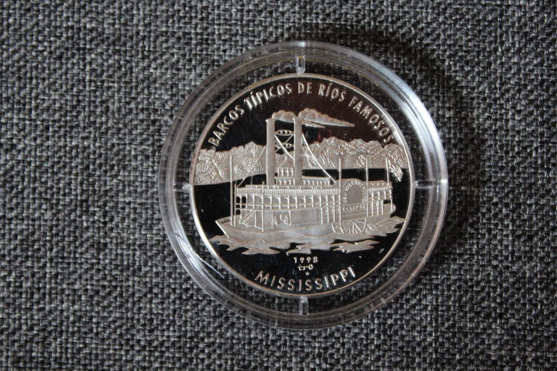  1998 Kuba Silber 10 Pesos  Mississippi Dampfer Polierte Platte   