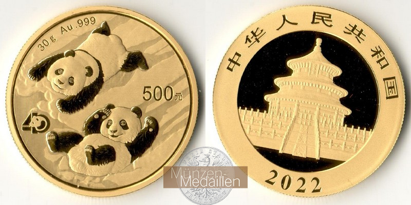 China  500 Yuan MM-Frankfurt Feingold: 30g Panda 2022 