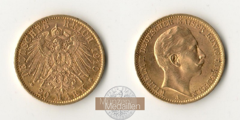 Preussen, Kaiserreich  20 Mark MM-Frankfurt Feingold: 7,17g Wilhelm II 1888 - 1918 1910 A 