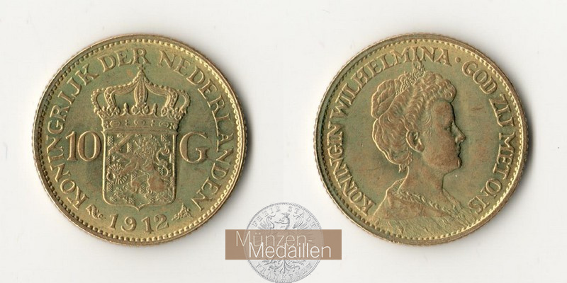 Niederlande MM-Frankfurt  Feingold: 6,06g 10 Gulden 1912 