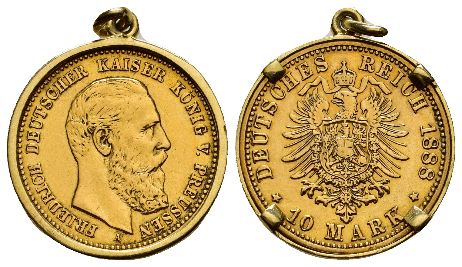 PEUS 8225 Kaiserreich - Preußen Münze 3,58 g + Fassung 0,61 g Feingold. Friedrich III. (09.03.- 15.06.1888) 10 Mark GOLD 1888 A Gefasst, Sehr schön