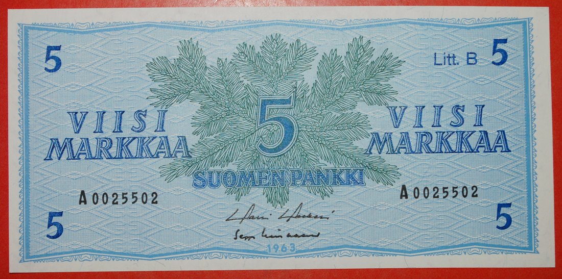  * CONIFER: FINLAND ★ 5 MARKS 1963! UNC CRISP! Holkeri/Lindblom★LOW START ★ NO RESERVE!   