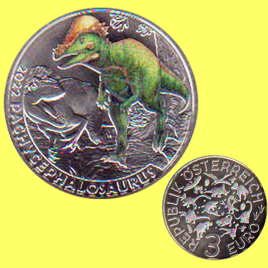  Offiz. 3 Euro Farbmünze Österreich *Pachycephalosaurus wyomingensis* 2022 Nachtaktive Münze   